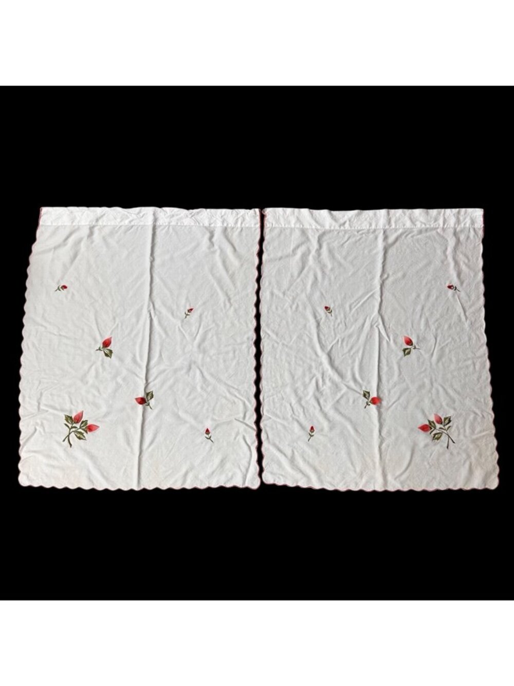 Vintage Rose Scallop Curtain Panels Japan Floral Embroidery Red Pink Melon READ - Picture 2 of 15